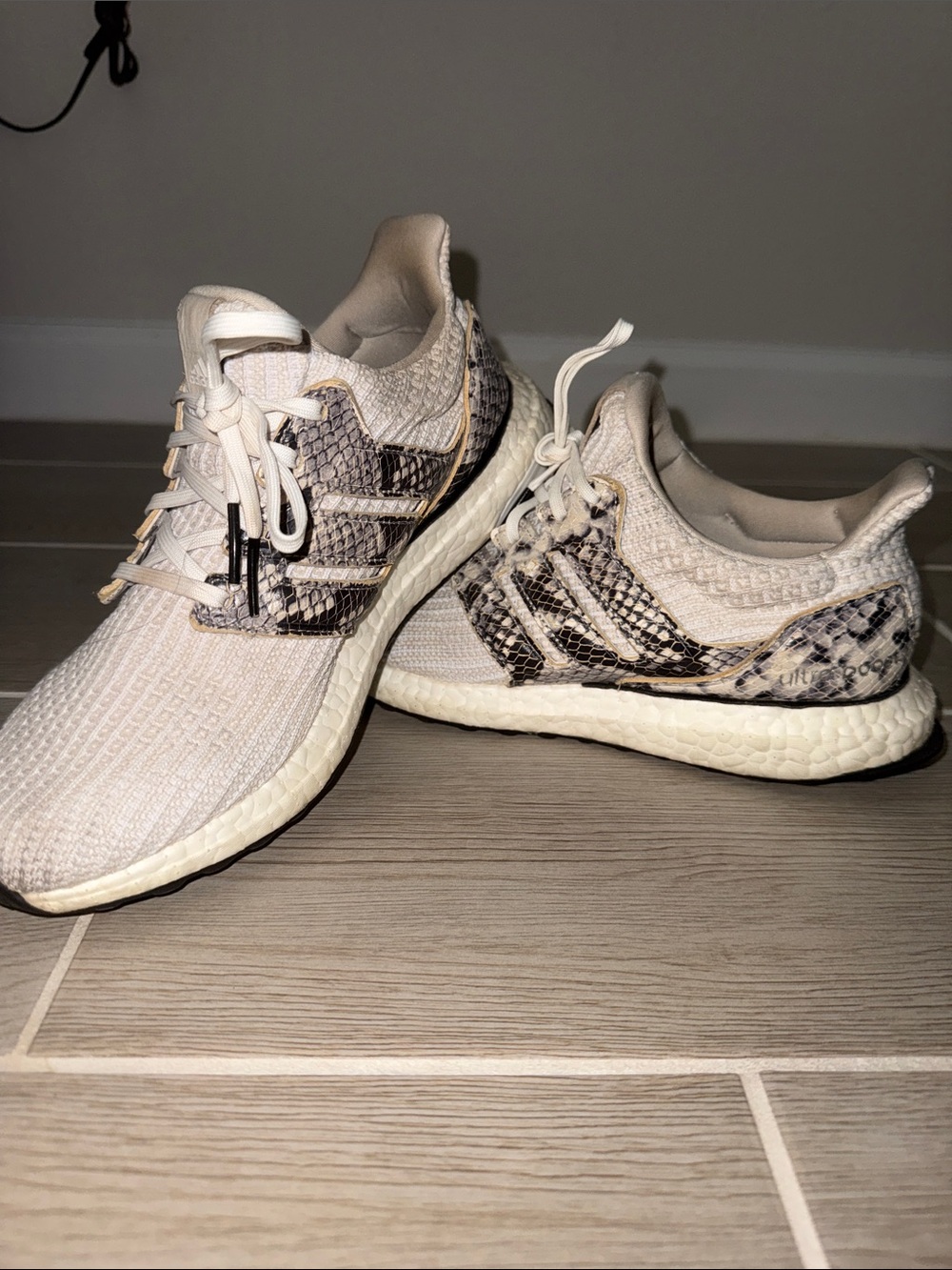 adidas Cream Knit Sneakers with Snake-Print Accents
